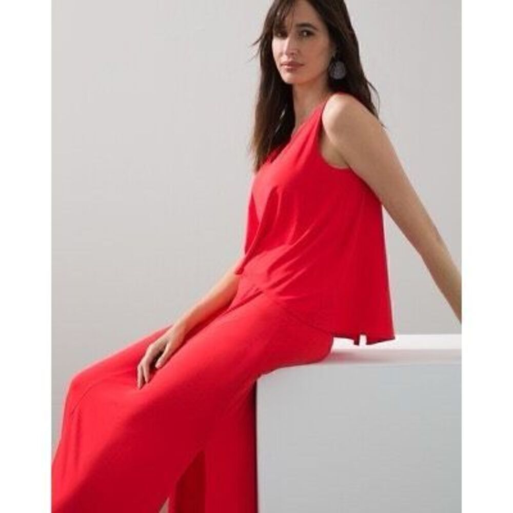 Chicos Women’s Size 3 Popover Solid Maxi Dress Red Sleeveless V Neck Slit - Picture 2 of 12